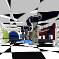 Modern Cinema Interior Design With Black And White Checkered Floor Columns And Screens