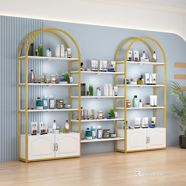 Golden Frame Display Shelves With White Cabinet Doors And Various Bottles On Blue Wall 3d model 