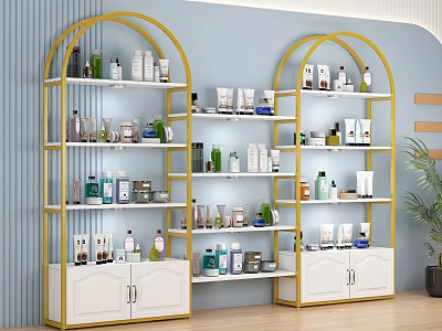Golden Frame Display Shelves With White Cabinet Doors And Various Bottles On Blue Wall 3d model
