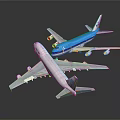 Blue and White Model Passenger Airplanes in Top View on Black Reflective Background
