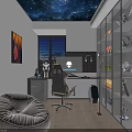 Modern Gaming Room With Starry Sky Ceiling Glass Display Cabinets Collectible Figurines And Gaming Chair