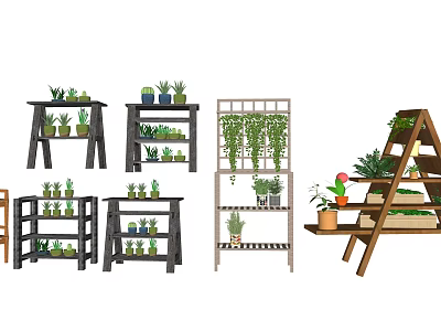 Various Wooden Plant Stands With Multi Tiered Design And Small Green Plants For Garden Decor 3d model