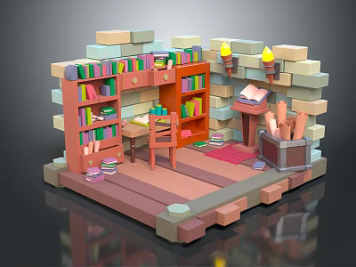 Cartoon Style Room Scene With Colorful Bookshelves Desk Chair And Candle Holders 3d model