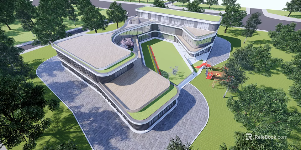 Modern School Building With Green Roof Central Courtyard Playground And Trees Surrounding 3d model 