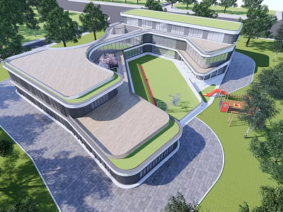 Modern School Building With Green Roof Central Courtyard Playground And Trees Surrounding 3d model