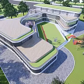 Modern School Building With Green Roof Central Courtyard Playground And Trees Surrounding