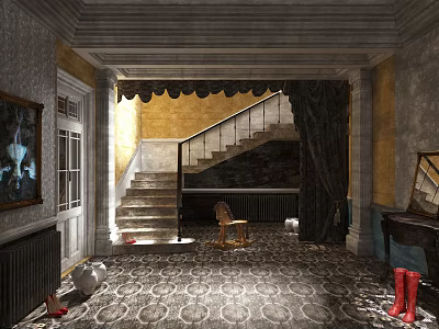 Vintage Hallway Interior With Staircase Wooden Chair Patterned Carpet Red Boots And Decorative Mirror 3d model