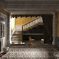 Vintage Hallway Interior With Staircase Wooden Chair Patterned Carpet Red Boots And Decorative Mirror