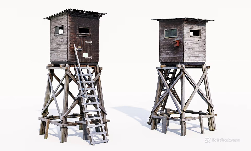 Two Vintage Wooden Watchtowers With Ladders And Rustic Elevated Structures Design 3d model