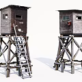 Two Vintage Wooden Watchtowers With Ladders And Rustic Elevated Structures Design 3d model