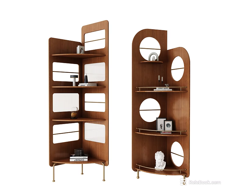 Modern Tall Wooden Shelf Units With Circular And Square Cutouts Metal Legs And Decorative Items 3d model 
