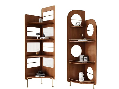 Modern Tall Wooden Shelf Units With Circular And Square Cutouts Metal Legs And Decorative Items 3d model