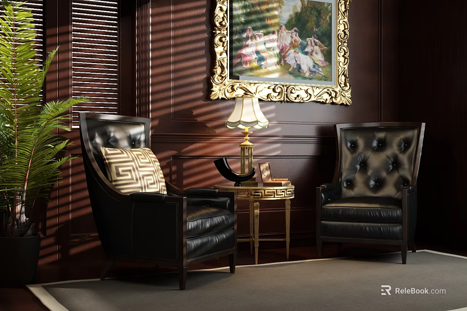 Leisure Sofa Set with Black Leather Armchairs Dark Wooden Walls Blinds and Gold Accents 3d model 