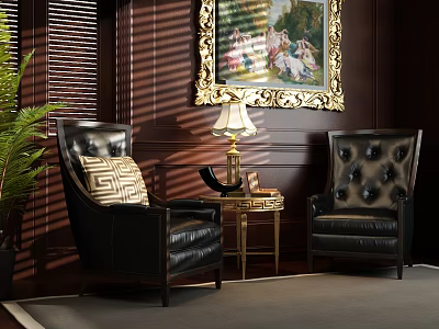 Leisure Sofa Set with Black Leather Armchairs Dark Wooden Walls Blinds and Gold Accents 3d model