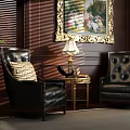 Leisure Sofa Set with Black Leather Armchairs Dark Wooden Walls Blinds and Gold Accents