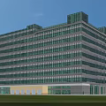 Modern Multi Story Office Building With Glass Curtain Wall And Green Lawn Under Blue Sky