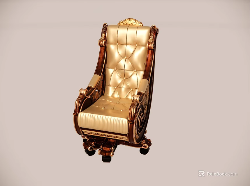 Luxurious Single Sofa With Golden Leather Upholstery And Carved Wooden Armrests 3d model 