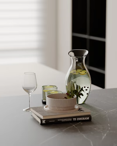 Decorative Ornament Combination with Glass Water Pitcher Wine Glass Candle Holders Bowl on Modern Tabletop 3d model