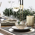 Elegant Dining Tableware Set With Greenery Decoration Plates Wine Glasses And Napkins 3d model