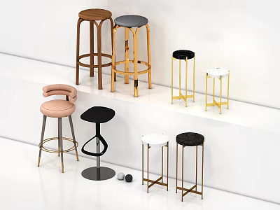 Various Modern Bar Stools with Wooden Metal Frames and Different Color Seats for Kitchen Use 3d model