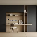 Modern Home Office Desk With Dark Cabinets Open Shelves And Minimalist Chair