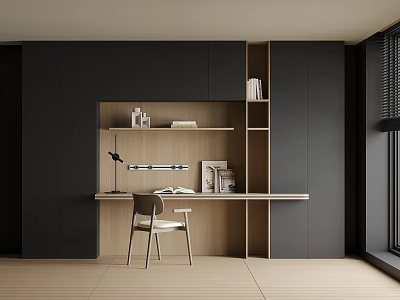Modern Home Office Desk With Dark Cabinets Open Shelves And Minimalist Chair 3d model