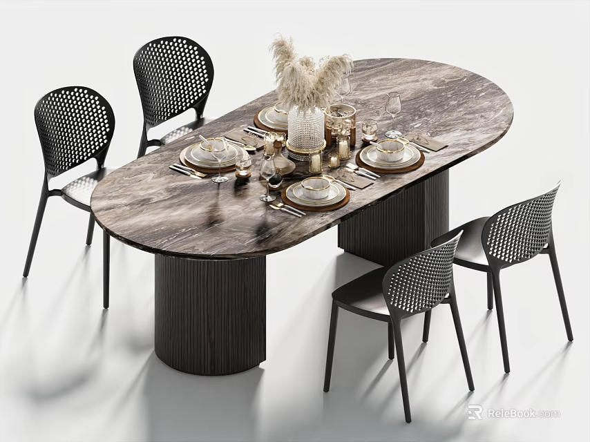 Modern Oval Dining Table With Marble Texture And Black Woven Chairs Set 3d model 