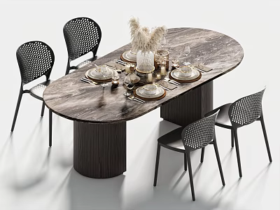 Modern Oval Dining Table With Marble Texture And Black Woven Chairs Set 3d model