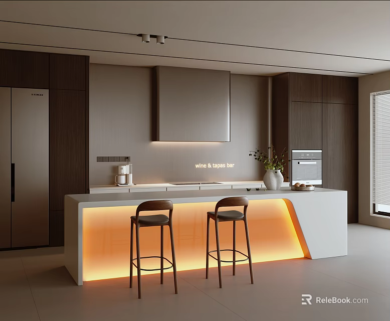 Modern Restaurant Open Kitchen Design With Illuminated Island Counter And Bar Stools 3d model 