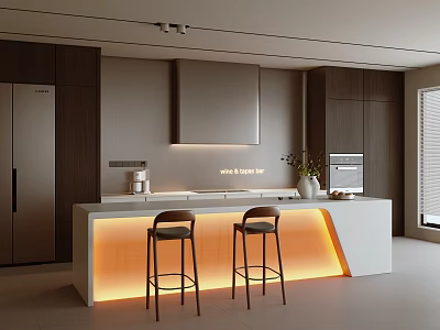 Modern Restaurant Open Kitchen Design With Illuminated Island Counter And Bar Stools 3d model