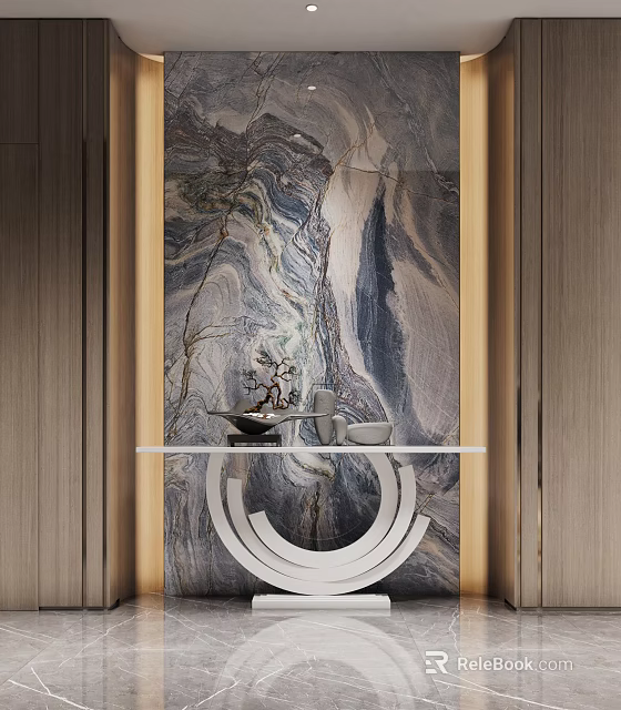 Luxurious Entryway Design With Marble Accent Wall Wooden Paneling And White Curved Console Table 3d model 
