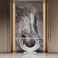 Luxurious Entryway Design With Marble Accent Wall Wooden Paneling And White Curved Console Table