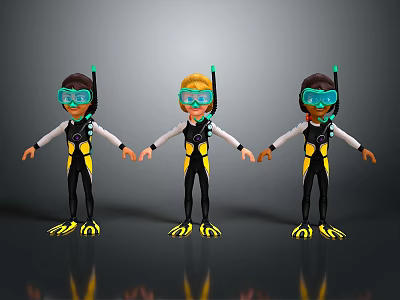 Game Movie Characters In Scuba Gear Holding Hands With Snorkel Masks And Yellow Fins 3d model