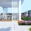 Modern Garden Landscape with White Pavilion Wooden Walkway Outdoor Seating Green Plants and Colorful Flowers
