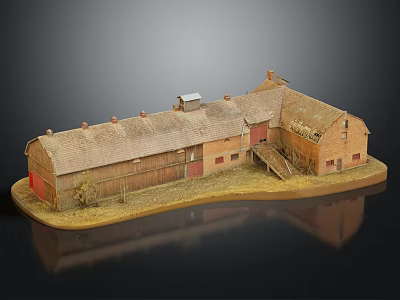 Model Barn With Connected Buildings Reddish Brown Roofs Red Doors Grass Staircase Reflective Black Base 3d model