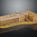Model Barn With Connected Buildings Reddish Brown Roofs Red Doors Grass Staircase Reflective Black Base