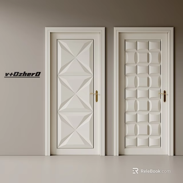 White Swing Doors Featuring Diamond And Square Geometric Patterns With Gold Handles 3d model 