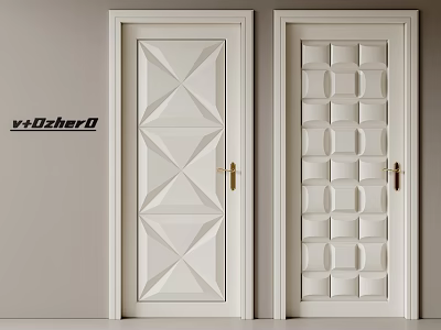 White Swing Doors Featuring Diamond And Square Geometric Patterns With Gold Handles 3d model