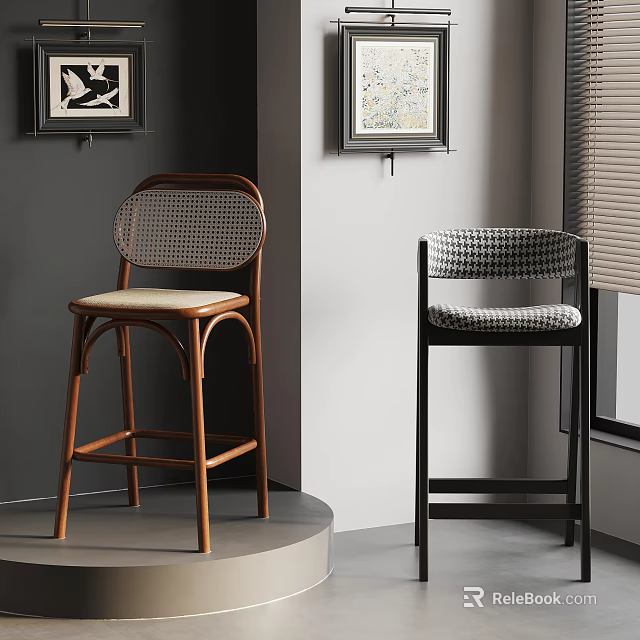 Two Stylish Bar Stools Featuring Brown Wooden Frame Woven Backrest And Black Houndstooth Patterned Seat 3d model 