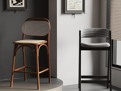 Two Stylish Bar Stools Featuring Brown Wooden Frame Woven Backrest And Black Houndstooth Patterned Seat 3d model
