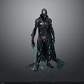 Futuristic Armored Warrior In Black Armor With Blue Cloak And Glowing Sword