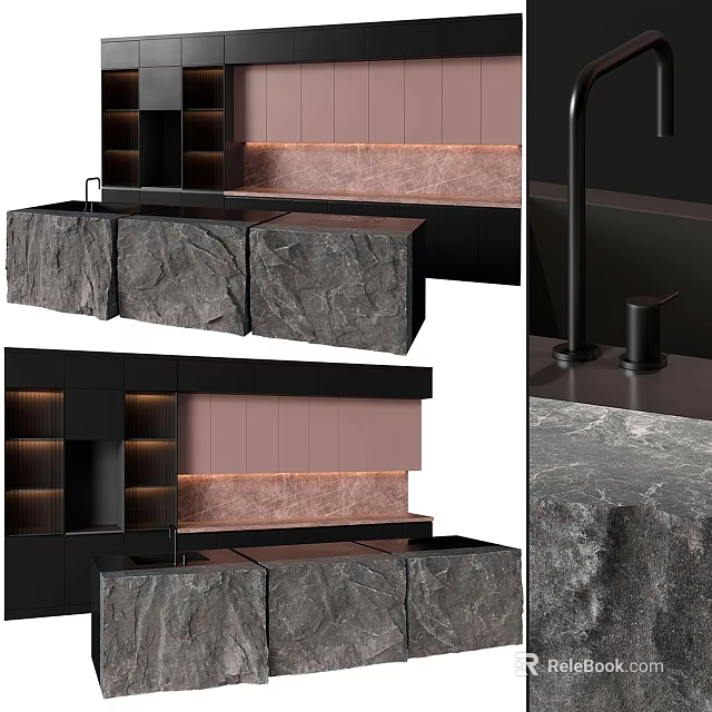 Modern Kitchen Interior Design With Black Cabinets Stone Island And Pink Backsplash 3d model 