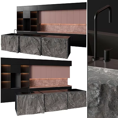 Modern Kitchen Interior Design With Black Cabinets Stone Island And Pink Backsplash 3d model