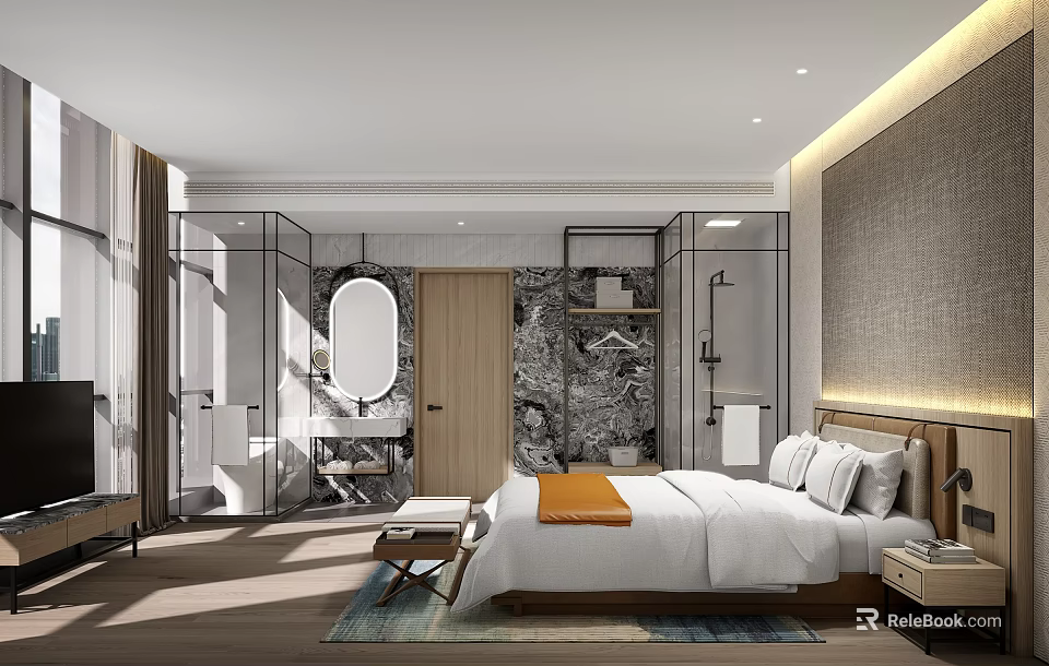 Contemporary Hotel Guest Room Featuring Wooden Headboard White Bedspread Glass Partitions And Marble Walls 3d model 