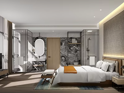 Contemporary Hotel Guest Room Featuring Wooden Headboard White Bedspread Glass Partitions And Marble Walls 3d model