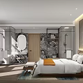 Contemporary Hotel Guest Room Featuring Wooden Headboard White Bedspread Glass Partitions And Marble Walls