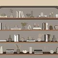 Elegant Decorative Ornament Combination With Wooden Shelves Books Vases And Plants
