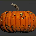 Vibrant Orange Pumpkin With Brown Stem And Yellow Black Spots On Reflective Black Background