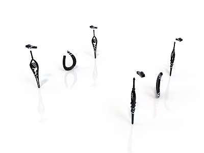 Six Black Metal Hooks And Brackets With Varied Decorative Designs On White Background 3d model