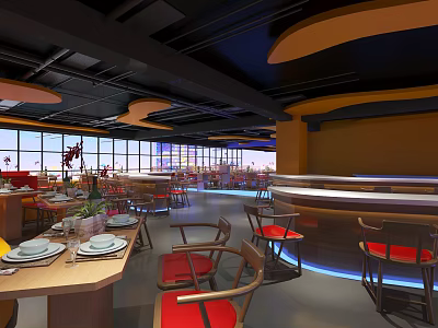 Modern Restaurant Interior Design With Tables Chairs Bar Counter Lighting And Large Windows 3d model